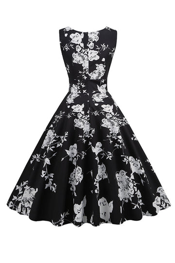 Negro V Cuello Estampado Sin Mangas 1950s Vestido